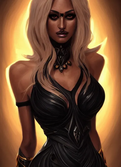 Image similar to a highly detailed illustration of fierce blonde tanned skin goddess ereshkigal wearing black dress, dramatic powerful pose, perfect face, perfect body, intricate, elegant, highly detailed, centered, digital painting, artstation, concept art, smooth, sharp focus, league of legends concept art, wlop