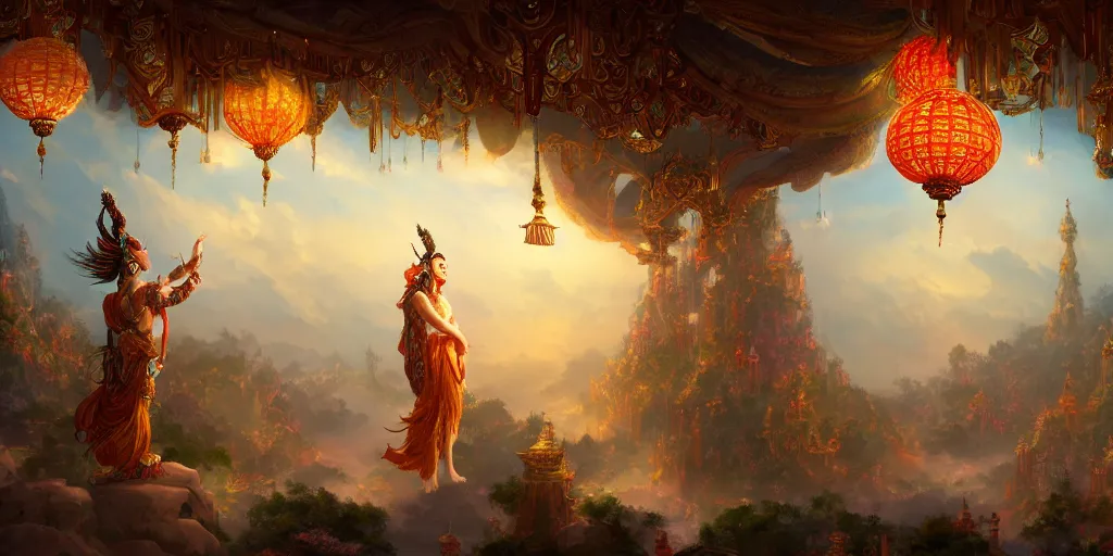 Image similar to painting of a god of wind enjoying his ornate heavenly palace, decorated with windchimes and paper lanterns, stunning nature in background, cinematic, 8 k, hyper detailed, digital art trending on artstation