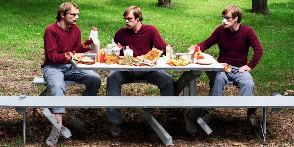 Image similar to photo of jeffrey dahmer and hannibal lecter eating lunch at a picnic table, highly detailed, 4 k