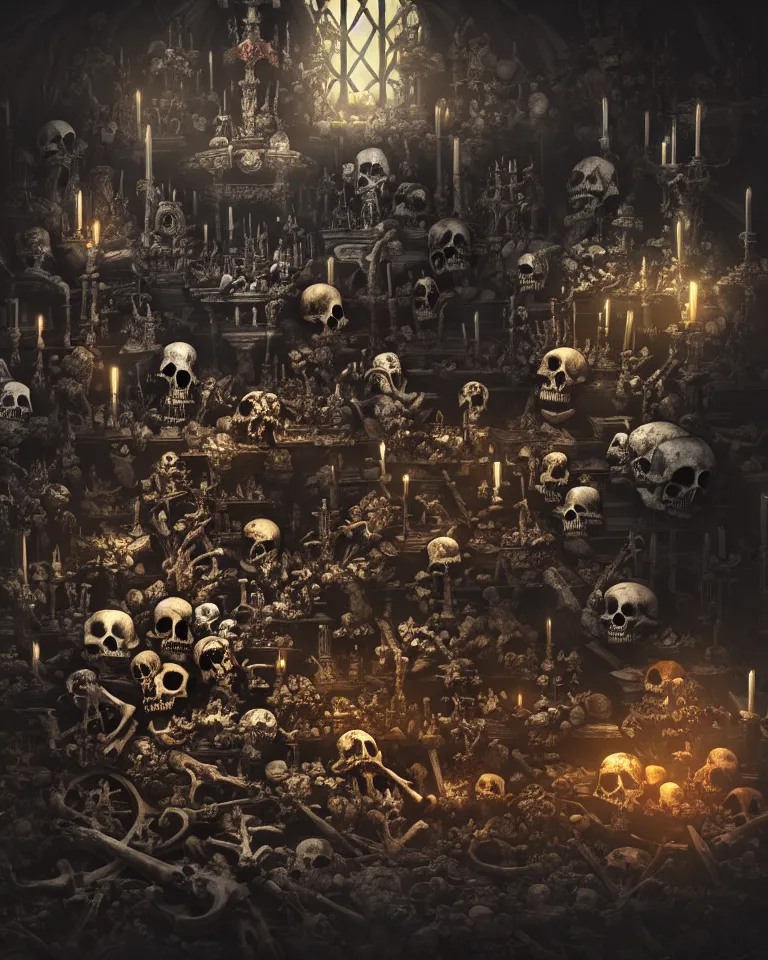 Image similar to full color, low wide shot of sedlec ossuary, bones, anime style mixed with fujifilm, dark, foggy, atmospheric, artstation, cgsociety, octane render, cgi, unreal engine 5, denoise, detailed, cinematic masterpiece