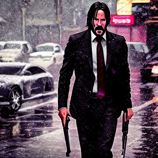 Image similar to john wick playing a guitar in the rain, photorealistic, realistic, dramatic, cinematic, photography