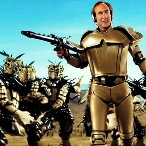 Image similar to Saul Goodman in Starship Troopers armor fighting bugs on Klendathu