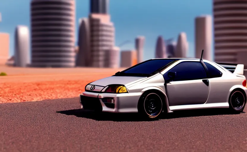 Image similar to photograph of a cell-shaded Honda EK9 Type-R with an anime girl, speeding on a desert road with a futuristic city in the horizon, kicking up dirt, action shot, one point perspective, 1-point perspective, tilt shift, sigma 85mm f/1.4, 4k, depth of field, high resolution, 4k, 8k, hd, full color