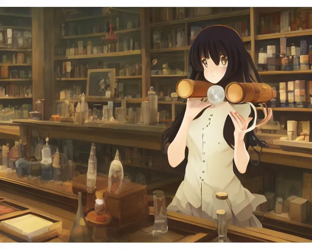 Image similar to anime visual, portrait of a young female traveler in a alchemist's shop interior, cute face by yoh yoshinari, katsura masakazu, studio lighting, dynamic pose, dynamic perspective, strong silhouette, anime cels, ilya kuvshinov, cel shaded, crisp and sharp, rounded eyes, moody