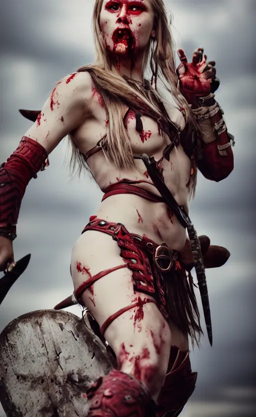 Image similar to photorealistic 3/4 photograph of beautiful female viking warrior, angry with big grey eyes, red tribal warpaint, Frank frazetta, arney freytag, octane, bokeh, 8k, action pose, bloody, cinematic, 28mm