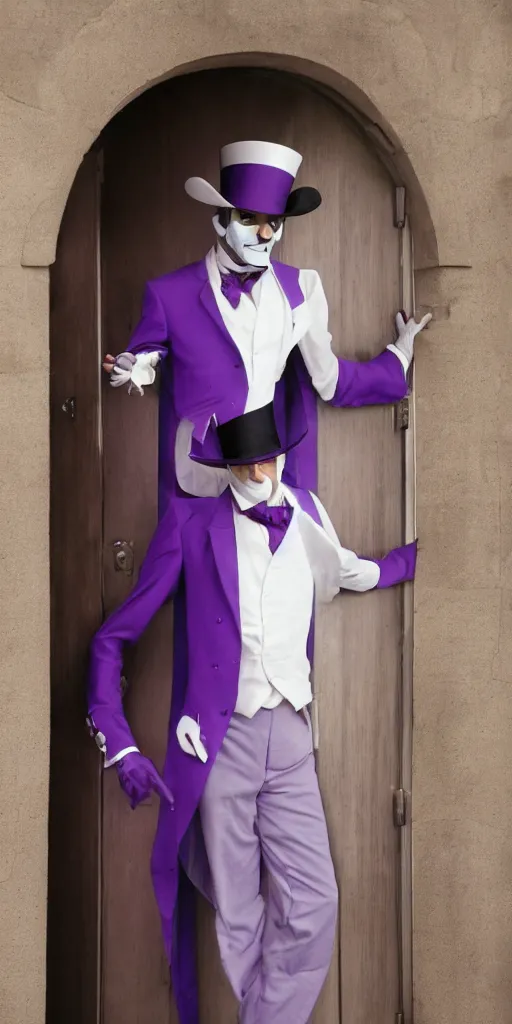 Prompt: a purple skinned tiefling with a goatee wearing a white suit and tophat standing in a doorway, purple skin, goatee, by Mark Brooks