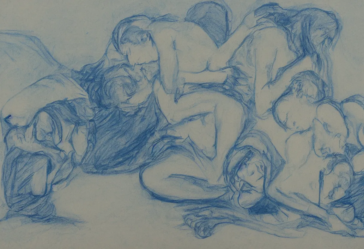 Image similar to a blue drawing of 3 maria's in a landscape crying