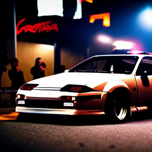 Image similar to a car 300ZX twin turbo drift at illegal car meet, Shibuya prefecture, city midnight mist lights, cinematic lighting, photorealistic, highly detailed wheels, high detail