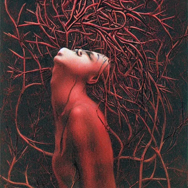 Image similar to crow girl in thorns by Beksinski