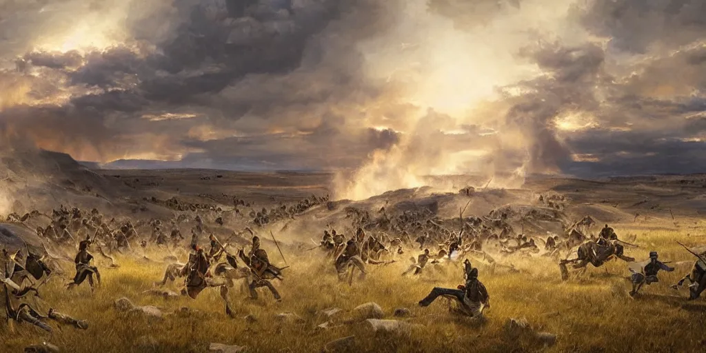 Image similar to image landscape portrait hyperdetailed close - up from the battle of little bighorn ( 1 8 7 6 ), majestic sweeping action, cinematic lighting, dramatic lighting, cinematic lighting, hyperdetailed, artstation, cgsociety, 8 k, 4 k, imax 7 0 mm