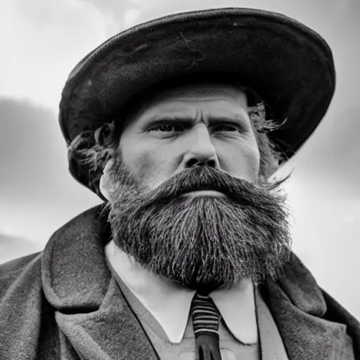 Image similar to Live Action Still of Jerma985 in a film as a Lighthouse Keeper with an overcoat, hat, and beard, black and white, hyperrealistic, ultra realistic, realistic, highly detailed, epic, HD quality, 8k resolution, body and headshot, film still