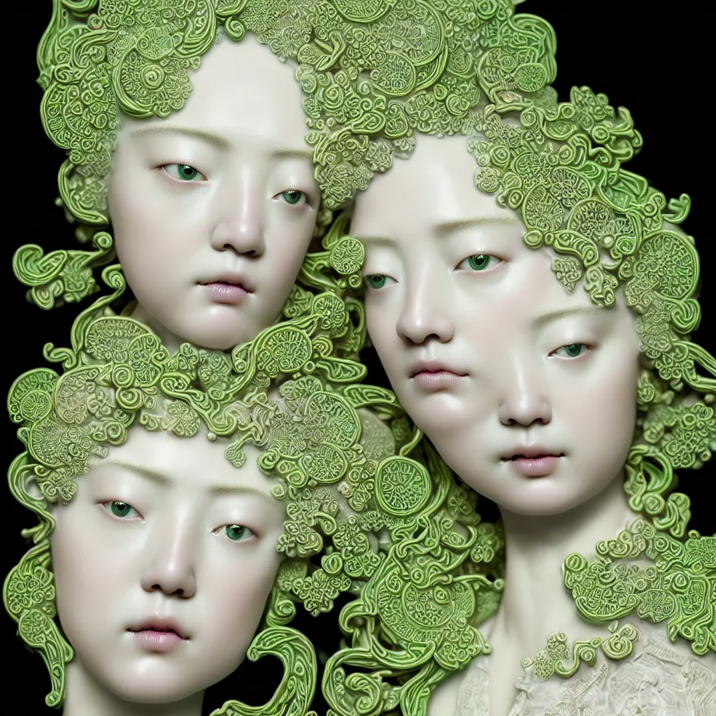 Image similar to A Close up photo real delicate ceramic porcelain sculpture of an ornate detailed blond woman in front of a intricate background by Victo Ngai and takato yamamoto, micro detail, backlit lighting, subsurface scattering, translucent, thin porcelain, octane renderer, neon green light swirling, hot Pink and Black, physically based rendering, japanese pottery, trending on cgsociety