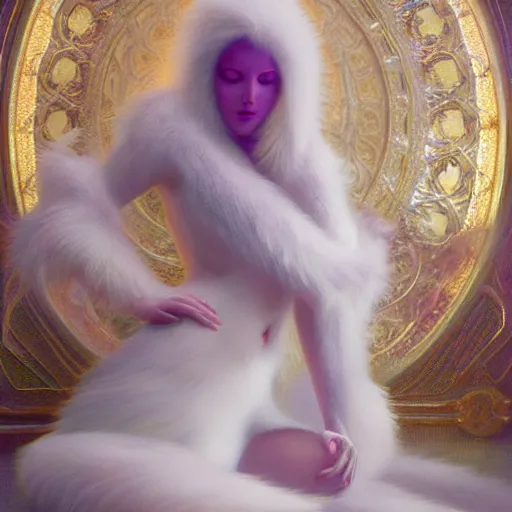 Image similar to a photo of a white fur monster standing in a purple room, diffuse lighting, fantasy, intricate, elegant, highly detailed, lifelike, photorealistic, digital painting, artstation, illustration, concept art, smooth, sharp focus, art by john collier and albert aublet and krenz cushart and artem demura and alphonse mucha