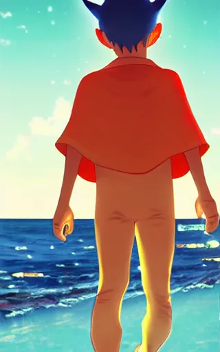 Image similar to little boy with cat ears wearing an latex suit with cape walking on ocean. digital painting made by makoto shinkai and james jean, perfect composition