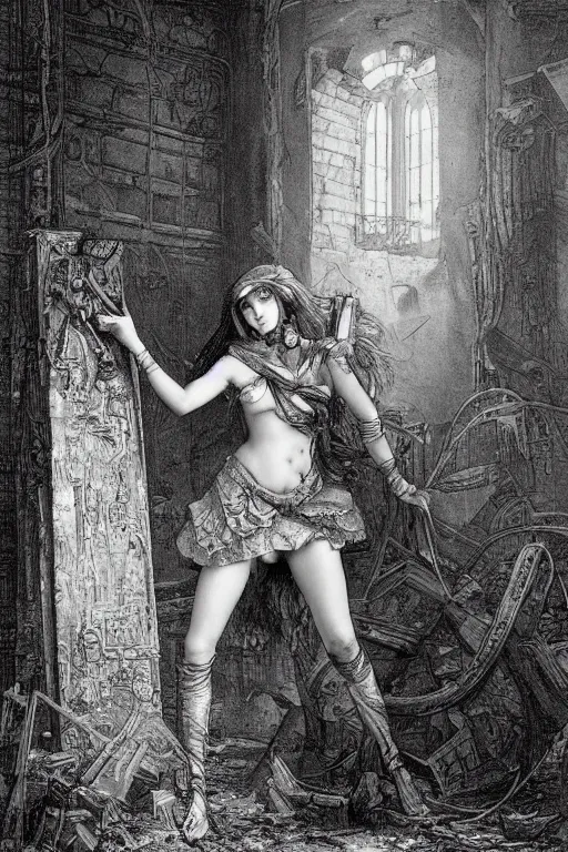 Prompt: hungarian slavic mughal anime cyber magical girl by gustave dore, full - body scifi character in abandoned workshop ruins environment