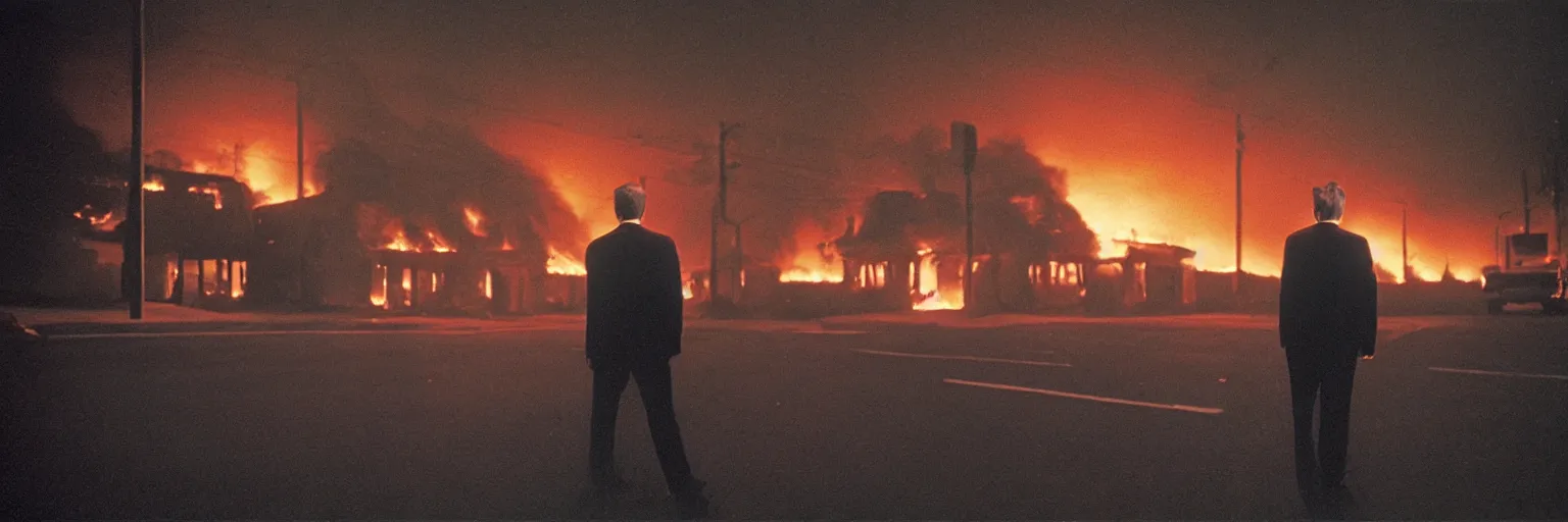 Image similar to 3 5 mm medium format photo, cinema still from david lynch movie, sleazy man watching night streets while a single house burns in the background of suburbia, haze, americana, high production value, 8 k resolution, hyperrealistic, hdr, photorealistic, high definition, high details, tehnicolor, award - winning photography, masterpiece, amazing colors