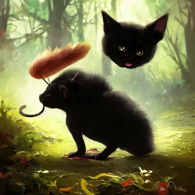 Prompt: a beautiful painting of a cute black kitten catching a mouse in a forest. disney character design by cory loftis, fenghua zhong, ryohei hase, ismail inceoglu and ruan jia. artstation, volumetric light, detailed, photorealistic, rendered in octane