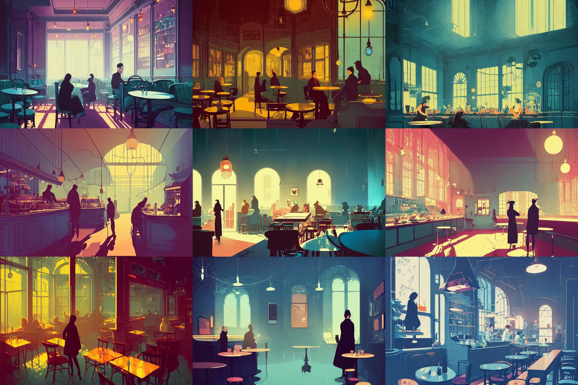 Prompt: illustrated portrait of a victorian cafe interior, colorful, ( ( mads berg ) ), christopher balaskas, ( ( victo ngai ) ), rich grainy texture, detailed, dynamic composition, misty, wide angle, blue filter, ( ( stippled shadow ) )