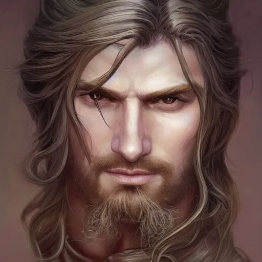 Image similar to portrait, handsome long - haired male fantasy paladin, blond, rpg game, stern expression, main character, highly detailed, digital painting, artstation, concept art, smooth, sharp focus, illustration, artgerm, tomasz alen kopera, peter mohrbacher, donato giancola, joseph christian leyendecker, wlop, frank frazetta