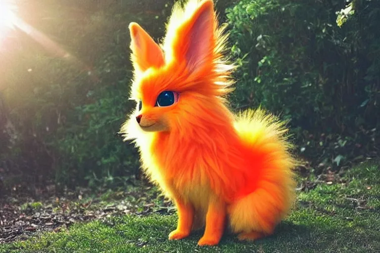 Prompt: real life flareon pokemon, cute!!!, heroic!!!, adorable!!!, playful!!!, fluffly!!!, happy!!!, cheeky!!!, mischievous!!!, ultra realistic!!!, autumn, clear weather, ( golden hour ), sharp focus