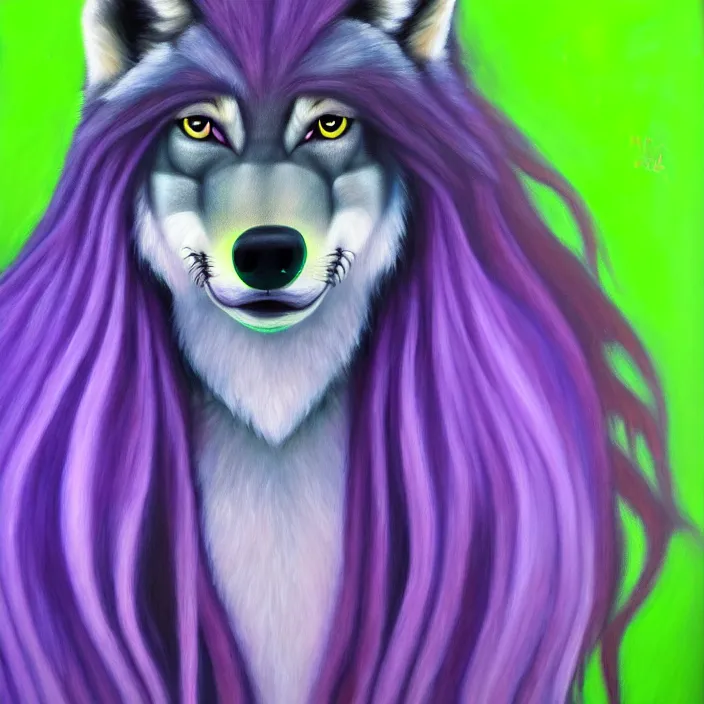 Image similar to a photorealistic painting of an anthropomorphic female wolf fursona wearing a green dress, violet hair, furry, soft lighting, oil on canvas, hyper detailed