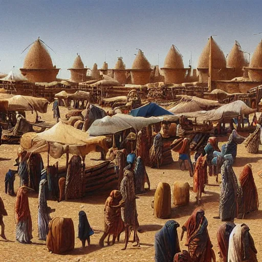 Prompt: a busy bazaar in ancient timbuktu on a sunny day, camels, merchants, high detail, painting by beksinski and ted nasmith