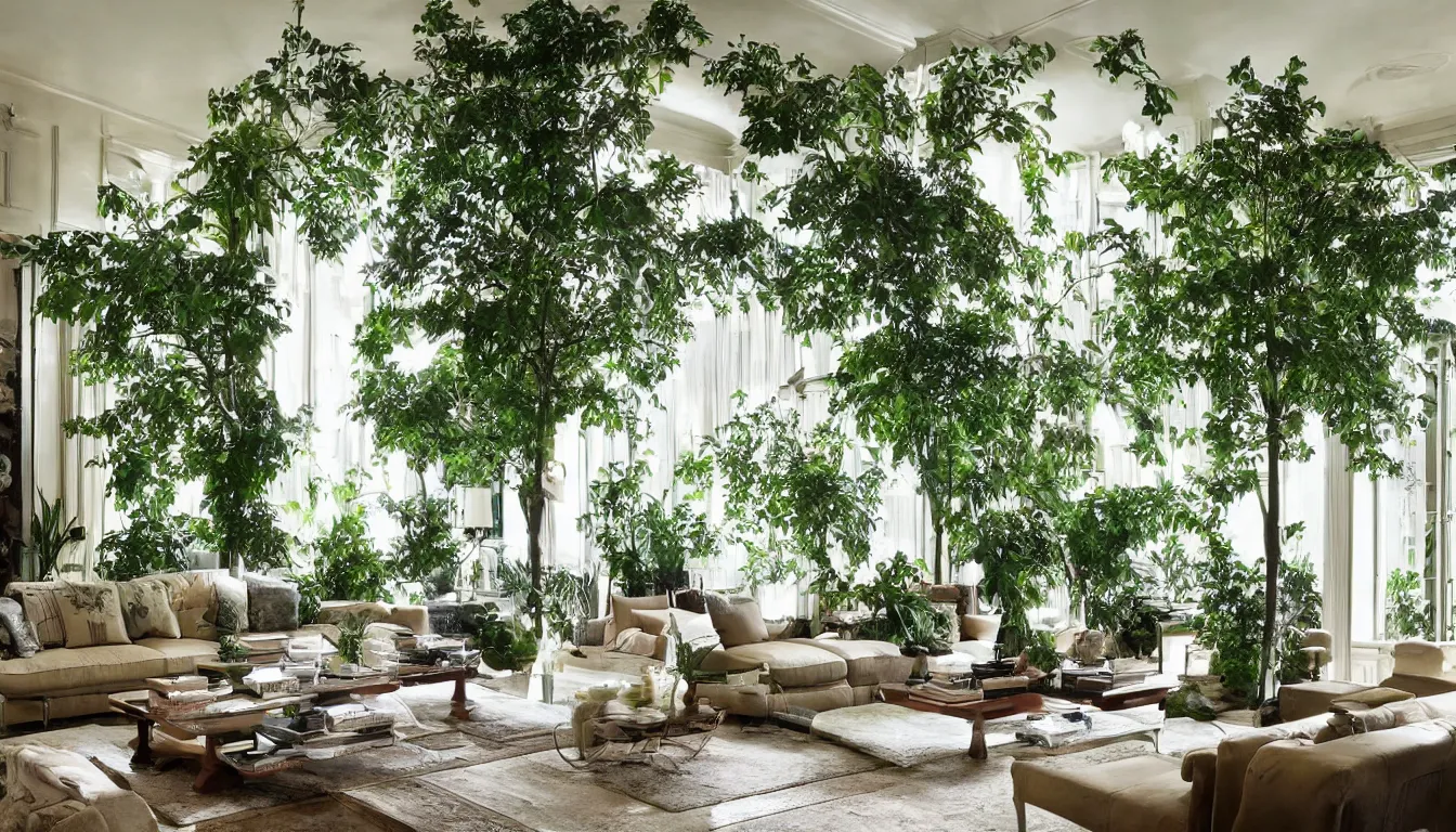 Prompt: luxury living room filled with plants and trees, architectural digest