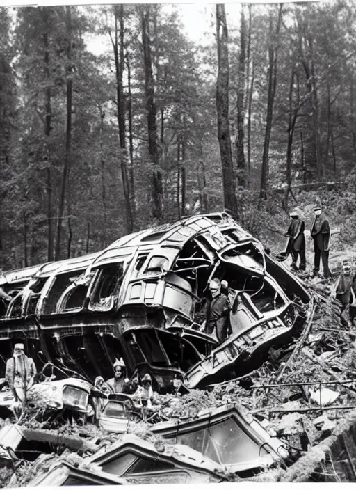 Prompt: vintage photograph of advanced crashed vessel in the forest with people inspecting the rubble