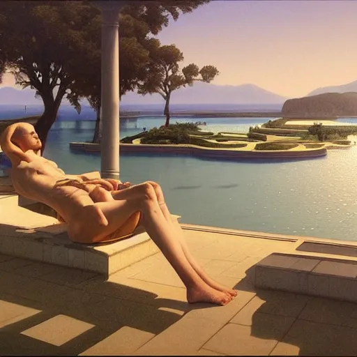 Image similar to David Ligare, scifi landscape, hyperrealistic surrealism, award winning masterpiece with incredible details, epic stunning, infinity pool, a surreal vaporwave liminal space, highly detailed, trending on ArtStation, artgerm and greg rutkowski and alphonse mucha, daily deviation, IAMAG