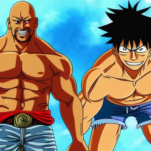 Prompt: Dwayne Johnson in the style of Monkey D Luffy, anime, anime, anime