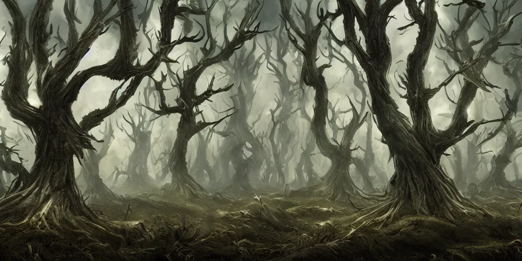 Image similar to dead forest of windswept windswept windswept trees (no soil), high quality fantasy art, 4k