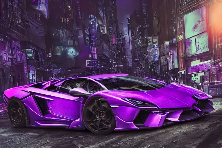 Image similar to hyper detailed purple lamborghini transformer, mecha cyberpunk city street background, 8 k photograph, dramatic lighting,