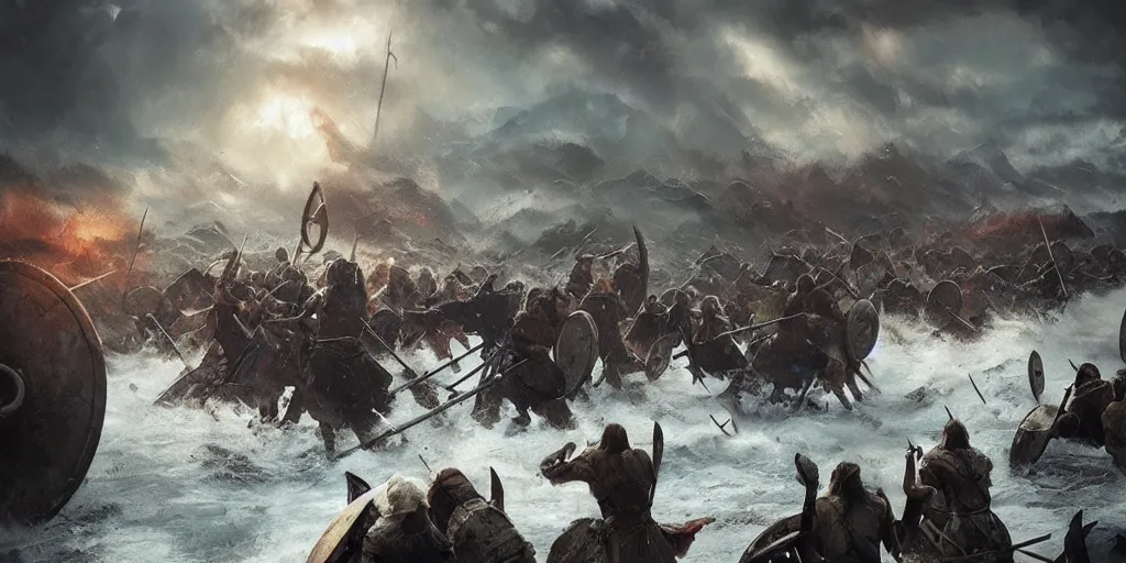 Image similar to an epic viking battle scene, by WLOP, realistic, detailed, epic scenery, blood