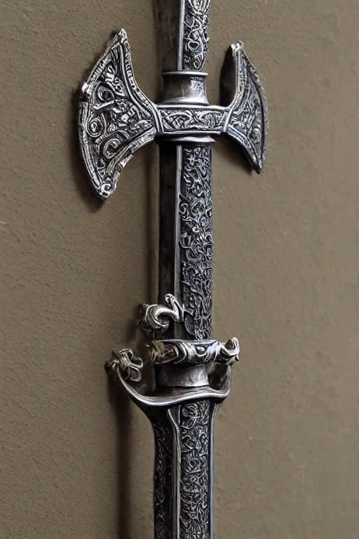 Image similar to sword of justice hanging on a wall, ornate gem in pommel, engraved blade, tip on a pillow