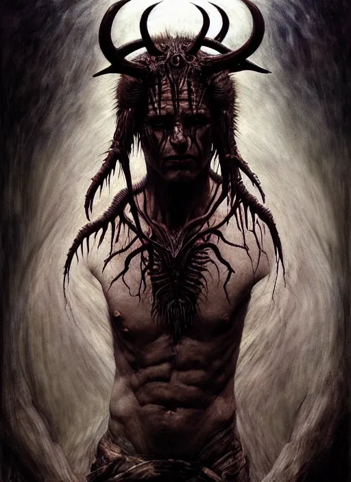 Prompt: half demon half human man intricate skin pattern texture, elegant, peaceful, playful full body, white horns, hyper realistic, extremely detailed, dnd character art portrait, dark fantasy art, intricate fantasy painting, dramatic lighting, vivid colors, deviant art, artstation, by edgar maxence and caravaggio and michael whelan and delacroix by h. r. giger