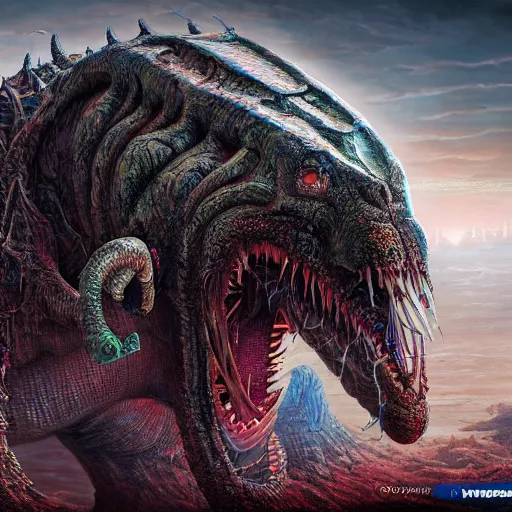 Image similar to dukhara scavenger, colossal dreadmaw, driven, highly detailed, digital painting, HDRI, by Randy Vargas and wayne barlowe, vivid colors, high contrast, 8k resolution, intricate, photorealistic, smooth