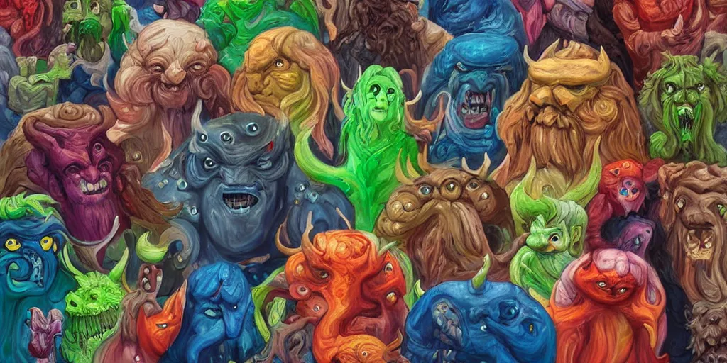 Image similar to portrait painting of a group of mythical monsters and beasts in a squishy style