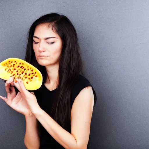 Prompt: a woman with bugs for fingers eats papaya