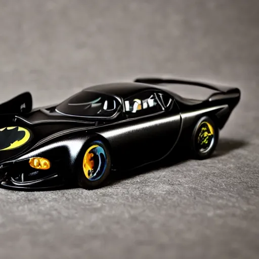 Image similar to 3 5 mm photo of metallic black batman car like hot wheels model with a batcave as background