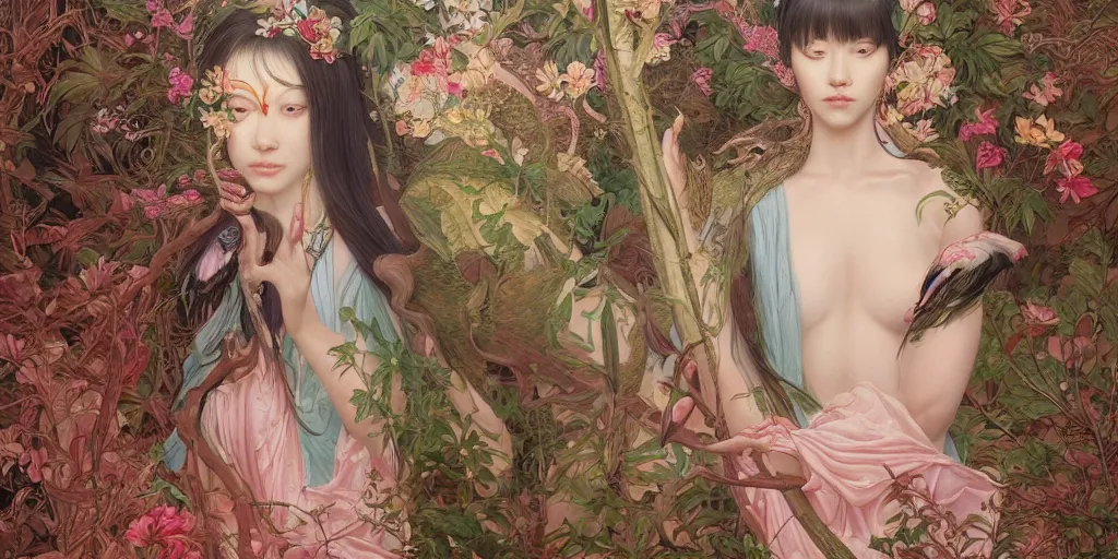 Image similar to breathtaking detailed concept art painting of the goddess of flamingo, orthodox saint, with anxious, piercing eyes, ornate background, epic composition, amalgamation of leaves and flowers, by Hsiao-Ron Cheng and John James Audubon and Miho Hirano, extremely moody lighting, 8K