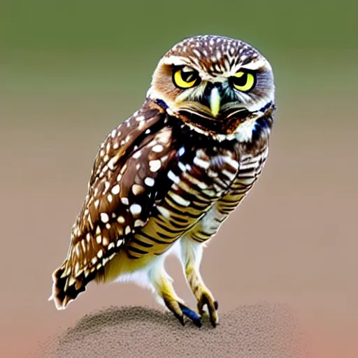 Image similar to a picture of a burrowing owl that didn't sleep standing or perched, he slept in what could be described as a squat with his short stubby tail supporting him and his legs splayed out to the sides