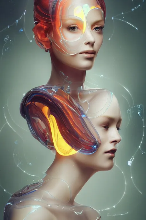 Image similar to a beautiful young woman, a muse of beauty, an android with segmented face and body made of translucent plastic, long flowing cellophane type hair, plastic hood made of glowing material, mechanical internal parts, by Peter Mohrbacher, Jason Felix, furio tedesch, face by ilya kuvshinov, artgerm, cinematic backlit lighting, beauty retouch, symmetric. elite, photo realistic, octane render, hyper real, ultra detailed