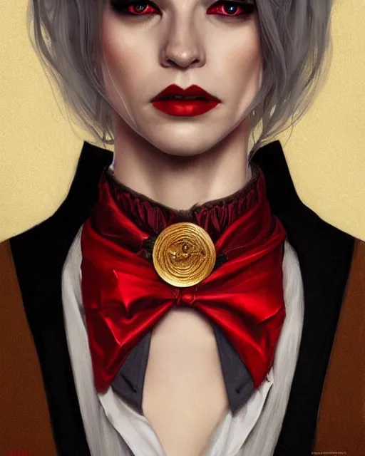 Image similar to female queen vampire, perfect face, gold waistcoat, red shirt, long grey hair, red necktie, cinematic, stunning, highly detailed, digital painting, artstation, smooth, hard focus, illustration, art by artgerm and greg rutkowski and alphonse mucha