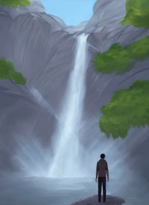 Image similar to a drawing of a man standing in front of a waterfall, concept art by senior environment artist, featured on deviantart, environmental art, concept art, official art, 2 d game art