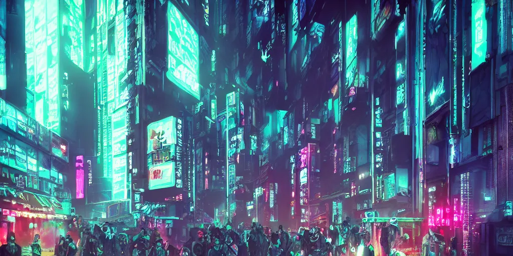 Image similar to a group of people standing outside of a building, cyberpunk art by liam wong, cgsociety, retrofuturism, glowing neon, neon, matte painting