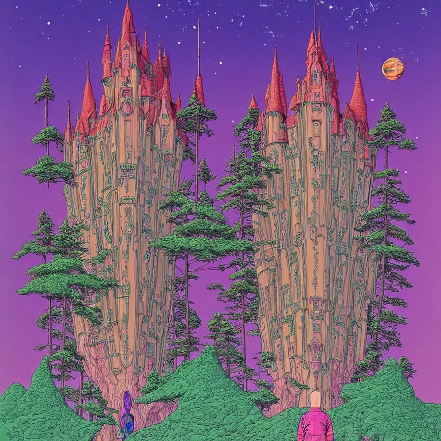 Prompt: ( ( ( ( a majestic castle at the end of a forest and an astronaut looking at it, with decorative frame design ) ) ) ) by mœbius!!!!!!!!!!!!!!!!!!!!!!!!!!!, overdetailed art, colorful, artistic record jacket design