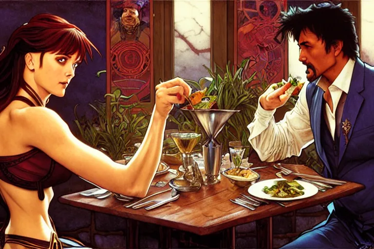 Prompt: xena warrior princess eating at a restaurant, with a hispanic man in a suit as her companion, art by artgerm and greg rutkowski and alphonse mucha