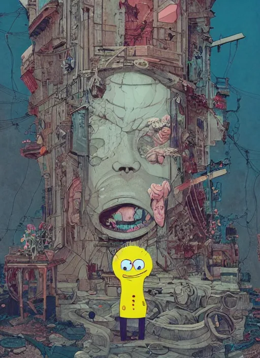 Image similar to sponge bob, eun emerging from renaissance italy into a cyberpunk mutiversal realm by conrad roset, nicola samuri, dino valls, m. w. kaluta, jakub rebelka, rule of thirds, seductive look, beautiful