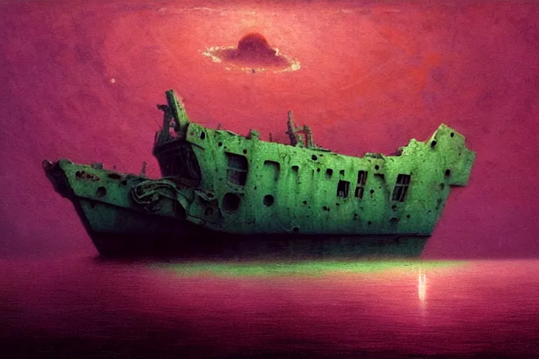 Image similar to boat in the outer space with clouds looking at derelict ship, in the style of beksinski, intricate and epic composition, pink by caravaggio, insanely quality, highly detailed, masterpiece, neon green light, artstation, 4 k