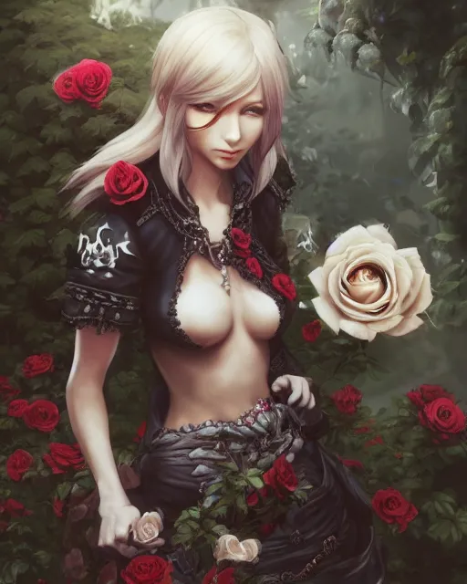 Image similar to an elegant lady surrounded by skulls in a garden full of roses, final fantasy, final fantasy, cushart krenz, very detailed, realistic face, detailed face, matte, tonemapping, perfection, 4 k,